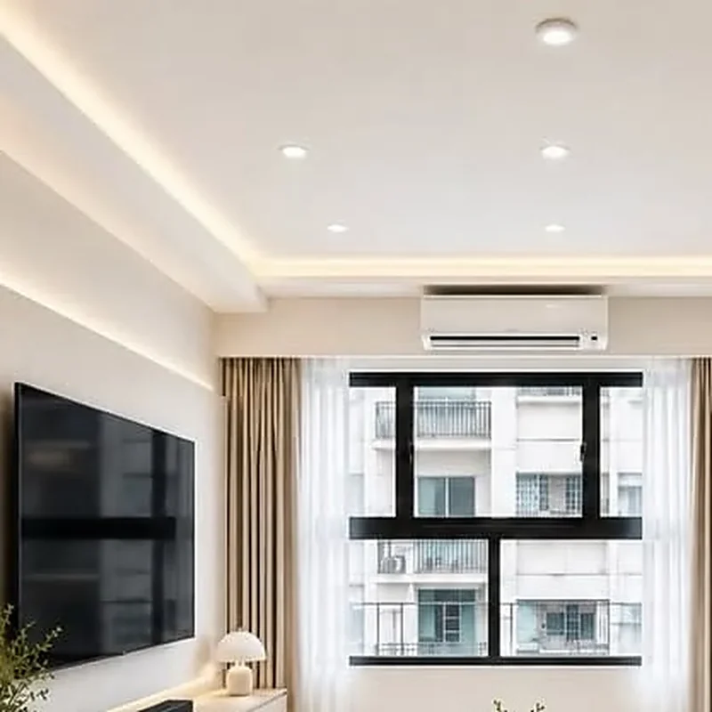 桃園中壢新都廷48坪現代奶油風－客廳奶油色電視牆與間接照明燈溝